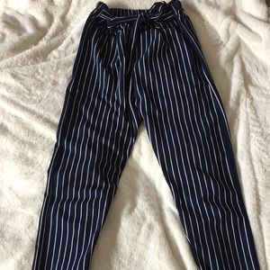 Blue and White Striped Pants with a Belt